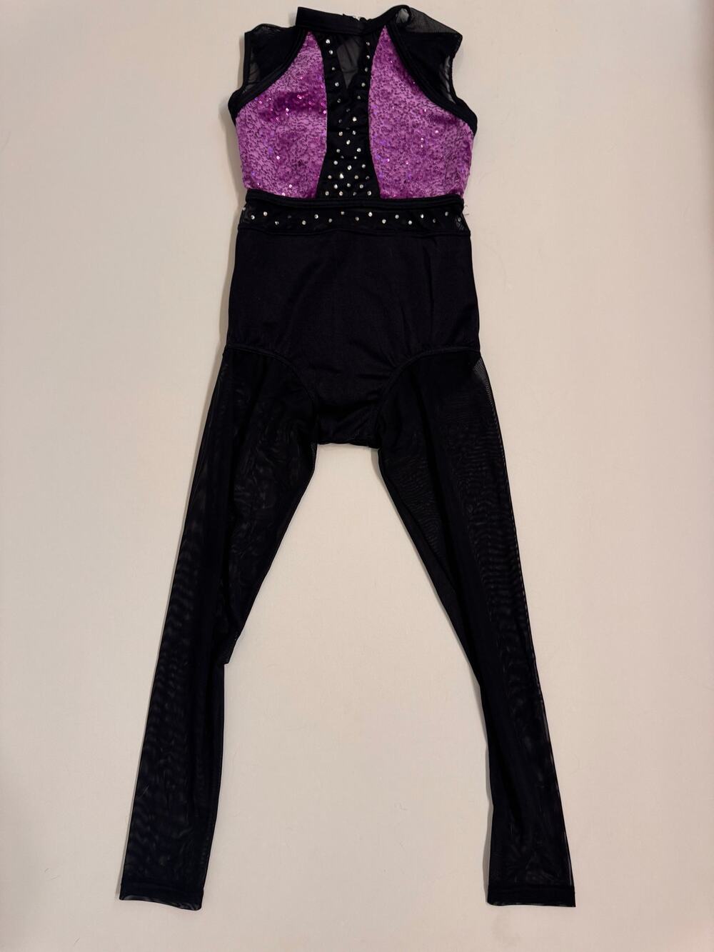 Weissman Purple and Black Mesh Unitard Size MC Medium Child Lined Stones